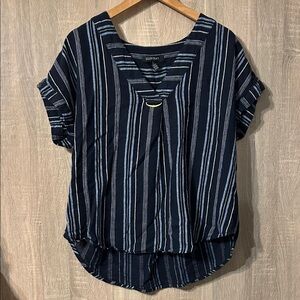 Ellen Tracy Navy and White Striped Blouse Size Large